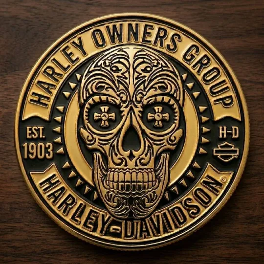Discover davidson HOG Owners Group Challenge Coin Sugar Skull Est 1903