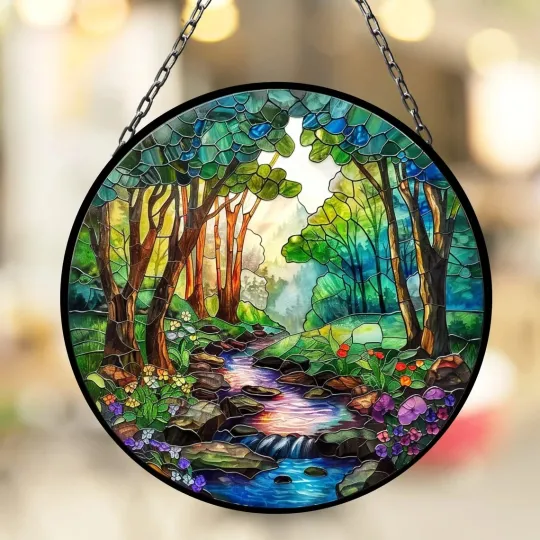 Discover Stream in the Forest Stained Glass Suncatcher, Window Hanging Decor