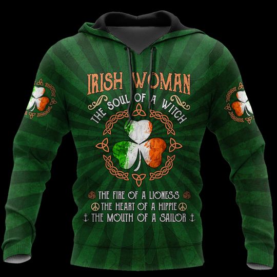 Discover Irish Woman Hoodie, Irish Witch Hoodie, Shamrock Celtic Hoodie, St. Patrick's Day Hoodie, Irish Pride Women's Hoodie, Green Irish Hoodie