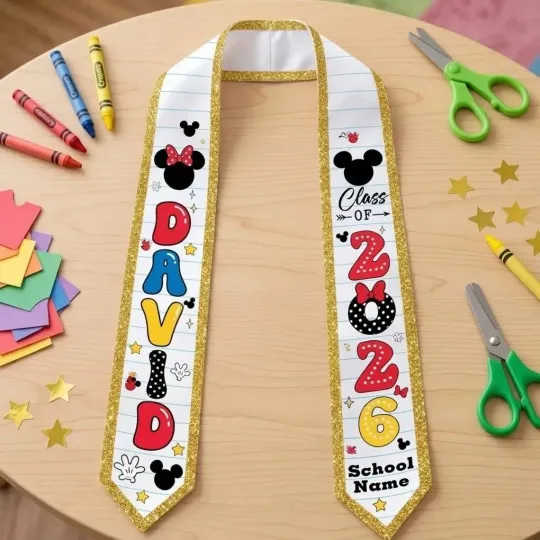 Personalized Mickey Minnie Mouse Class Of 2026 Graduation Stoles, Gift For Senior