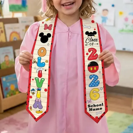 Personalized Mickey Friends Class Of 2026 Graduation Stoles, Gift For Senior