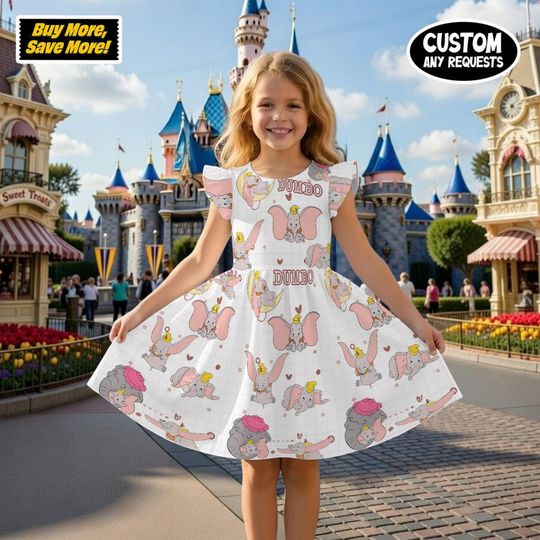 Discover Dumbo Elephant Kids Ruffle Dress, Disney Inspired Toddler Pink Grid Dress, Cute Dumbo Girl Outfit, Disney Trip Apparel