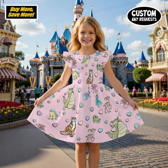 Discover Disney Character Sidekick Ruffle Dress, Pink Hearts Toddler Dress, Flounder Raja Gus Gus Cute Apparel, Disney Bound Kids Outfit