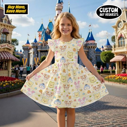 Discover Winnie the Pooh Kids Ruffle Dress, Disney Girl Vacation Outfit, Pooh and Friends Toddler Apparel, Disney World Girl Dress,Pooh Summer Outfit