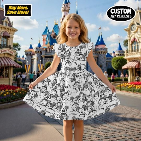Discover Mickey Mouse My Dearest Ruffle Dress, Vintage Sketch Kids Outfit, Classic Disney Characters Apparel, Toddler Summer Vacation Girl Dress