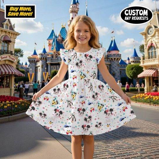 Discover Mickey and Friends Sketch Ruffle Dress, Magic Kingdom Signature Outfit, Classic Disney Characters Kids Apparel, Toddler Summer Vacation