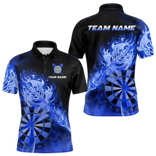 Discover Personalized Darts Polo Shirt, Custom Team Name Dart Jersey, Blue Flame Dartboard Shirt, League Tournament Uniform Gift for Players