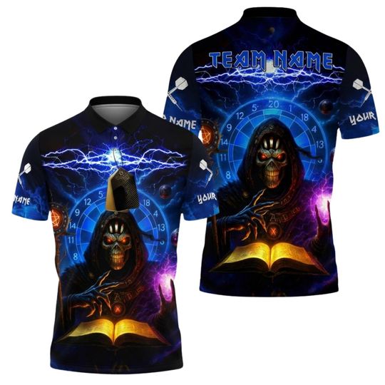 Discover Custom Dart Team Polo Shirt, Grim Reaper Wizard Darts Jersey, Personalized Name Shirt, Gothic Lightning League Uniform Gift for Players