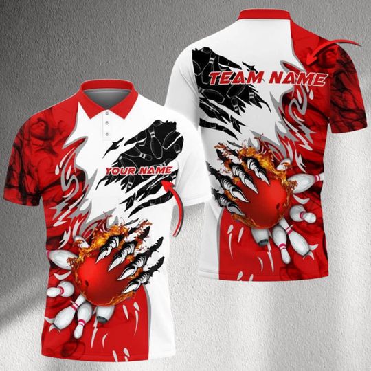 Discover Personalized Bowling Jersey Shirt, Custom Name Team Polo, Fiery Claw Bowling Ball Design, Unisex Performance Top for League Players