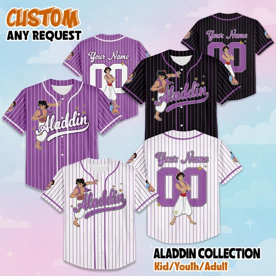 Discover Personalized Aladdin Baseball Jersey, Custom Disney Aladdin Shirt, Matching Family Outfit, Disneyland Birthday Gift
