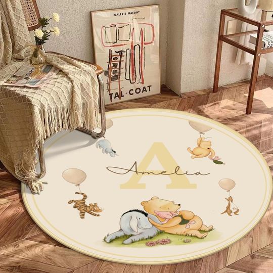 Personalized Winnie the Pooh Nursery Rug - Custom Baby Name, Soft Polyester Floor Pad
