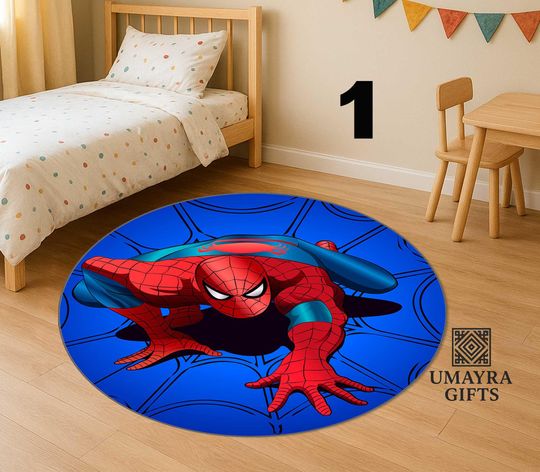 Spiderman Round Rug for Kids Room - Superhero Decor, Machine Washable Nursery Floor Mat