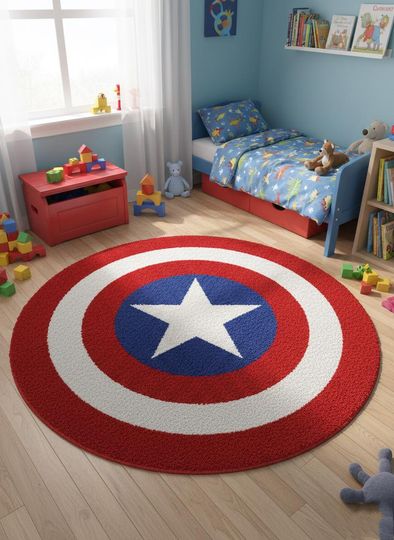 Captain America Shield Round Rug, Superhero Star Circle Area Rug for Kids Room, Marvel Inspired Red White Blue Carpet