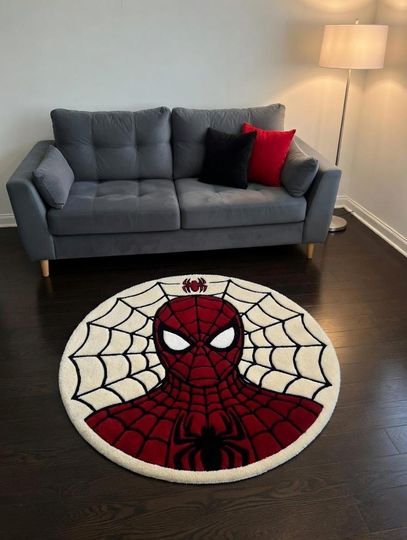 Discover Premium Spider-Man Hand Tufted Wool Rug | Superhero Round Carpet for Kids Room | Marvel Spider Web Tufted Rug