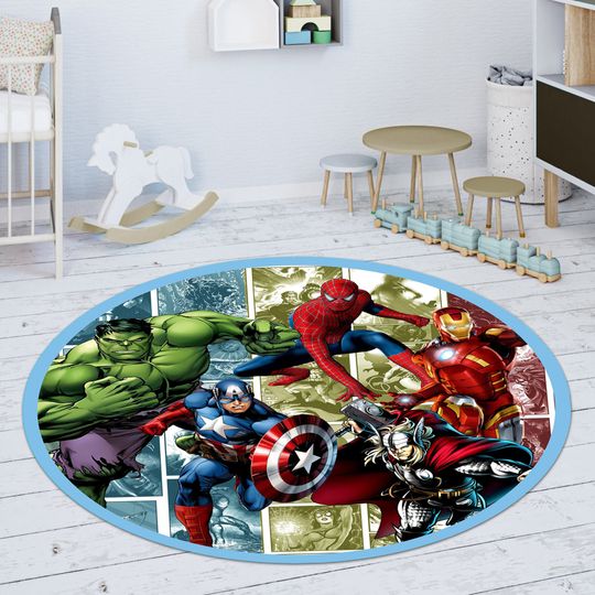 Marvel Superheroes Round Rug for Kids Room, Nursery Decor, Colorful Baby and Kids Room Floor Mat