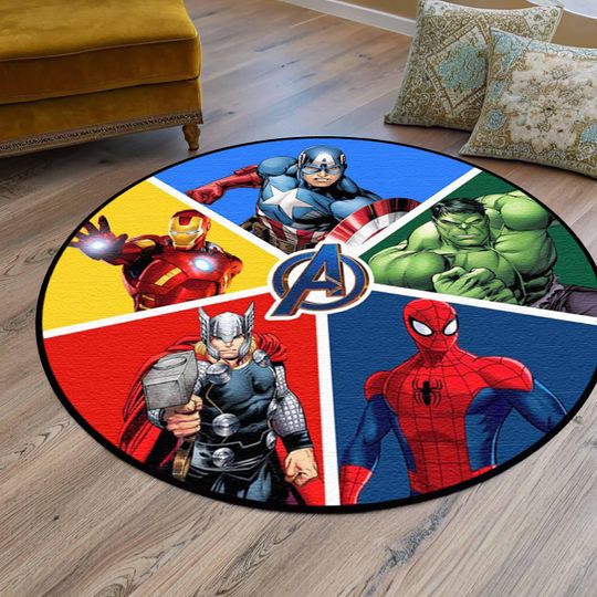 Discover Round Avenger Rug,Hulk,Spider-Man,Super Hero,Cartoon Kids Room,Superheroes,Marvel