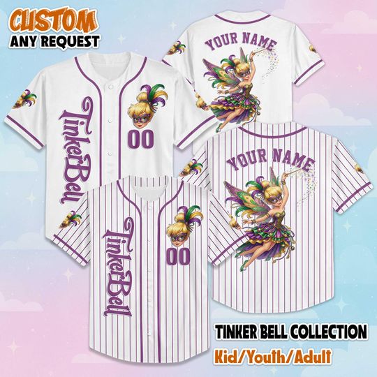 Discover Custom Tinker Bell Mardi Gras Baseball Jersey, Personalized Disney Tinkerbell Jersey Shirt, Peter Pan Baseball Team Outfit, Birthday Gift