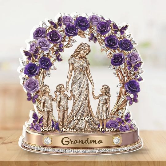 Discover Personalized Shaped Acrylic Plaque with Grandma and Grandkids, Purple Rose Wreath Keepsake