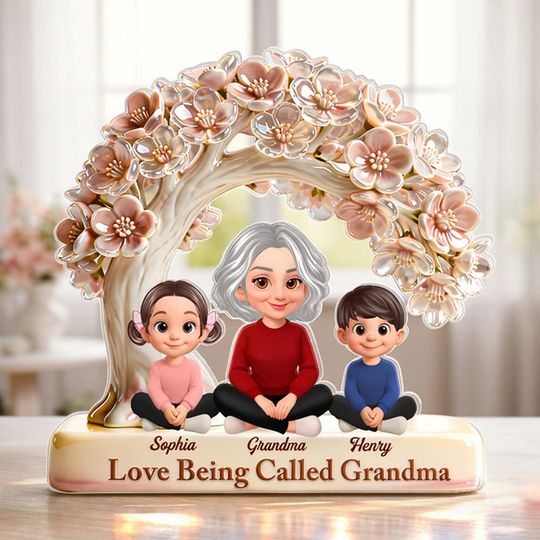 Discover Shaped Acrylic Plaque with Grandma and Grandkids Under Blossom Tree, Personalized Home Accent