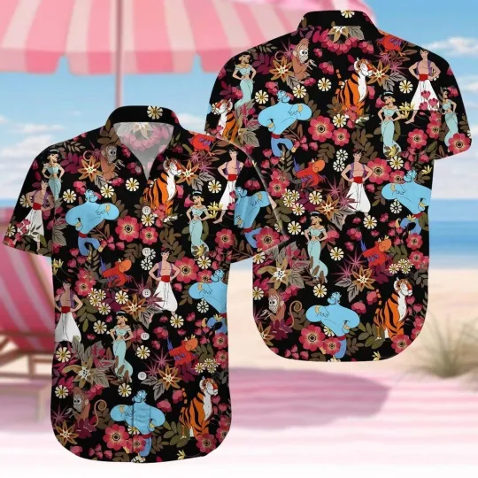 Discover Disney Aladdin Jasassmine Genie Floral Beach Summer Aloha Hawaiian Shirt