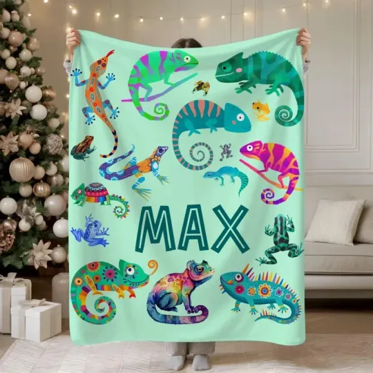 Discover Personalized Gecko Reptile Flannel Blanket Custom Name Kids Gift