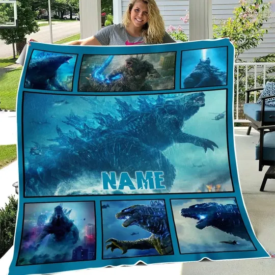 Discover Custom Name Giant Monster King Flannel Blanket Kaiju Style Cozy Throw Gift