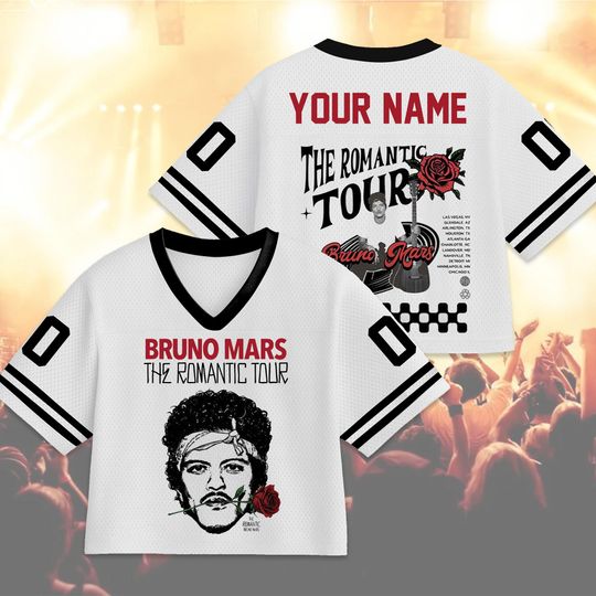 Discover Bruno Mars The Romantic Tour Croptop Football Jersey, Bruno Mars Concert Tee, 2026 Tour Merch, Pop Music Fan Gift, Retro 90s Pop Tour