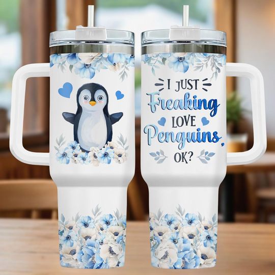 Discover Penguin 40oz Tumbler With Handle, Penguin Print Tumbler, Penguin Travel Tumbler, Gift for Penguin Lover