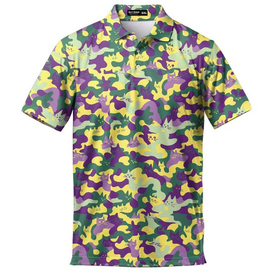 Discover Men's Cat Print Polo Shirt, Colorful Vintage Golf Polo, Casual Wear