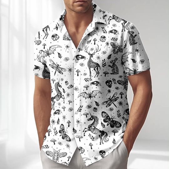 Discover Gothic Animals Hawaiian Shirt, Vintage Nature Plants Button Shirt, Skull Bat Moth Shirt Men Women, Men Shorts, Dark Summer Outfits