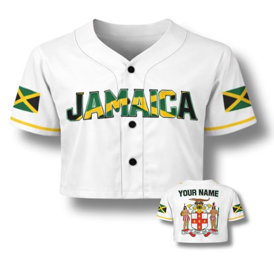 Discover Jamaica Crop Top Baseball Jersey, Custom Name Number, Sporty Island Pride Shirt