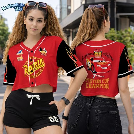 Custom Cars Lightning McQueen Rusteze Crop Top Baseball Jersey for Adults