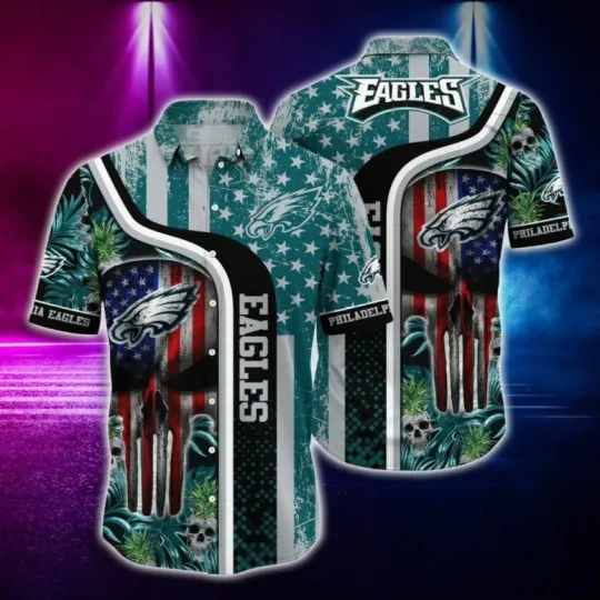 Discover Philadelphia Eagles Patriotic Skull Tropical Hawaiian Shirt, Gift For football Fan