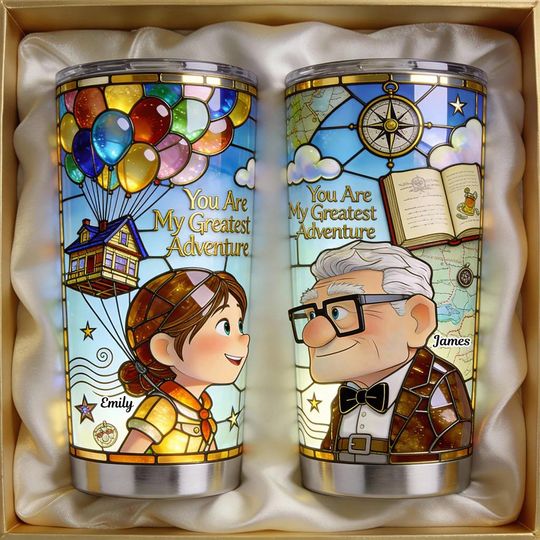 Personalized Couple Tumbler with Stained Glass Adventure Design - Romantic Travel Mug