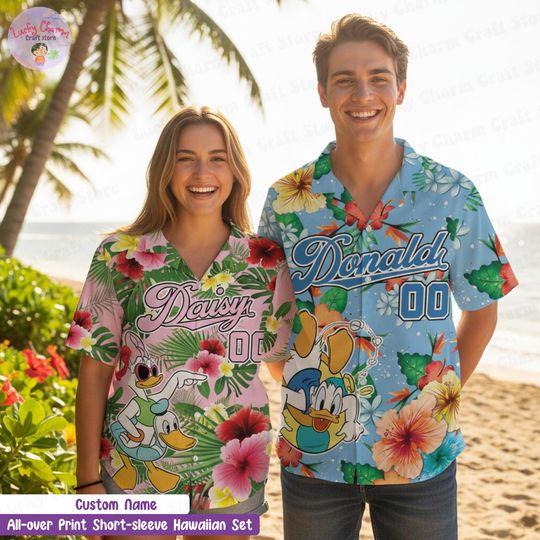 Discover Personalized Daisy Donald Aloha Hawaiian Shirt, Custom Name Disney Couple Shirt, Family Vacation Outfit, Summer Beach Shirt Gift for Couple