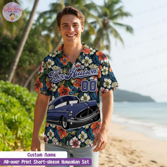 Personalized Doc Hudson Hawaiian Shirt, Custom Name Disney Cars Vacation Tee, Lightning Mcqueen Tow Mater Aloha Tee, Family Matching Shirt