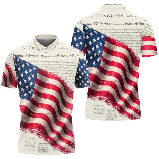 American Flag Polo Shirt, Declaration of Independence Polo, Patriotic USA July 4th Polo Shirt