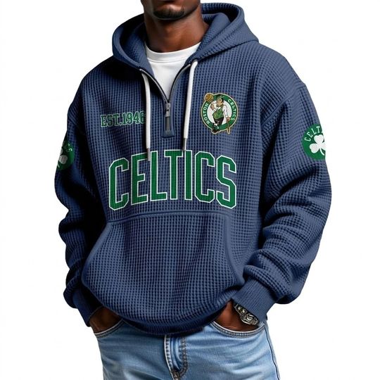Boston Celtics EST 1946 Printed Quarter Zip Waffle Hoodie
