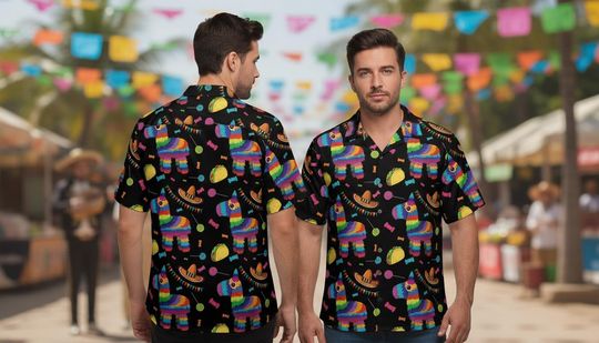 Discover Men's Hawaiian Shirt: Festive Pinata, Taco, Sombrero Pattern, Tropical Party Outfit