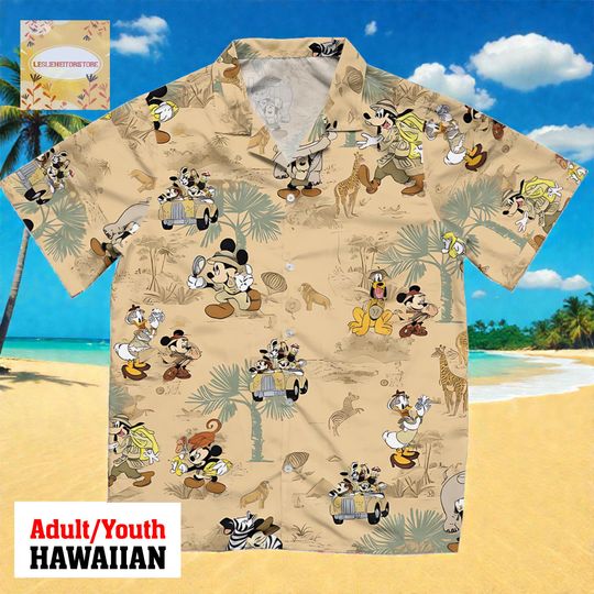 Discover Vintage Disney Safari Hawaiian Shirt, Mickey and Friends Animal Kingdom Aloha Shirt, Tan Disney Vacation Button Down for Adult Youth