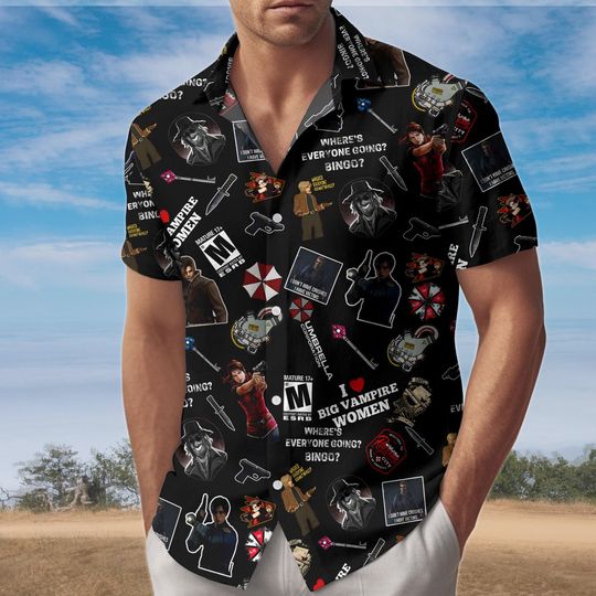 Resident Evil Hawaiian Shirt, Umbrella Corp Aloha Button Shirt, Leon Kennedy Game Shirt, Horror Gaming Button Up Summer Shirt Gift for Him