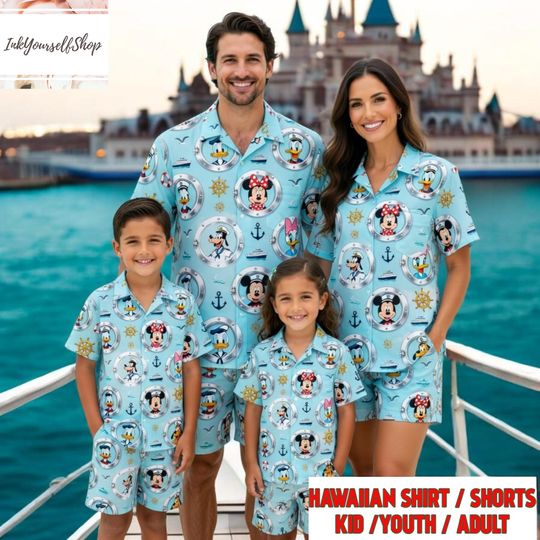 Disney Cruise Hawaiian Shirt Mickey Mouse Minnie Mouse Donald Duck Nautical Anchor Family Matching Vacation Shirt