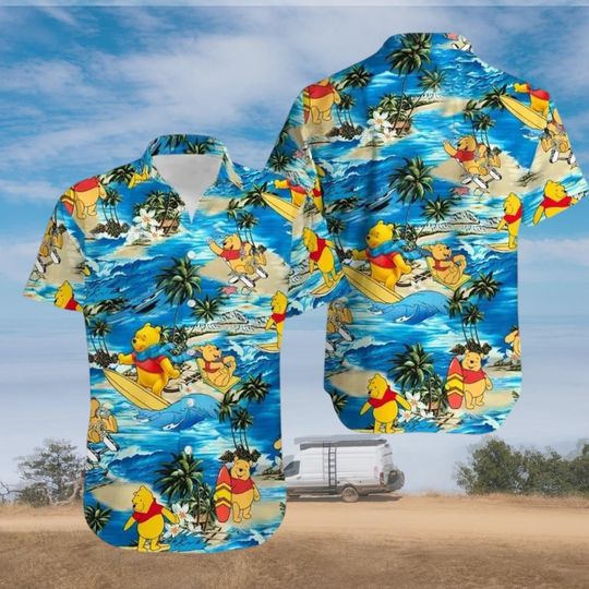 Discover Pooh Bear Hawaiian Shirt, Cute Cartoon Vintage Pattern Button Shirt, Summer Beach Button Up Gift for Family, Gift For Him