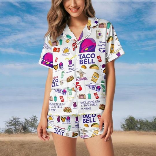 Discover Taco Bell Short Pajamas Set, Fast Food Sleepwear Set for Women, Silky Lounge Outfit, Food Pajama Shorts, Taco Bell Fan Gifts, Gift For Her