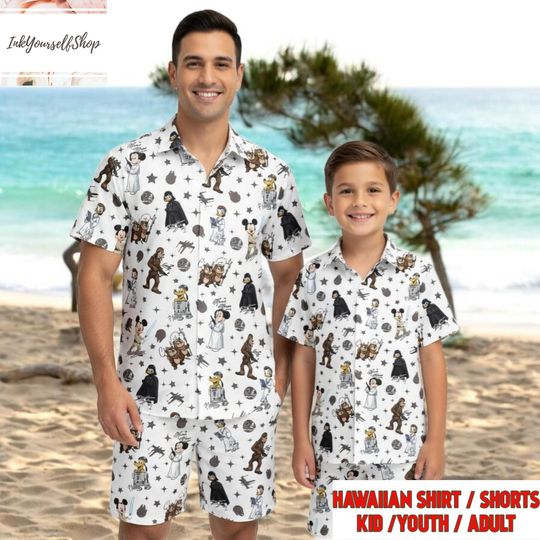 Discover Disney Star Wars Mashup Hawaiian Shirt & Shorts - Mickey Luke Chip Dale Chewie Aloha Set Kid/Youth/Adult
