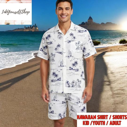 Disney Vintage Sketch Hawaiian Shirt Set Mickey Minnie Donald Goofy Beach Summer Vacation Family Matching Outfit