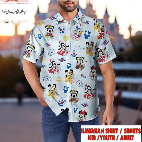 Disney Cruise Hawaiian Shirt Mickey Mouse Donald Duck Pluto Nautical Anchor Family Matching Vacation Shirt