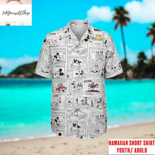 Discover Disney Mickey Mouse Comic Hawaiian Shirt, Vintage Cartoon All Over Print Hawaiian Short Sleeve Shirt for Youth Adult
