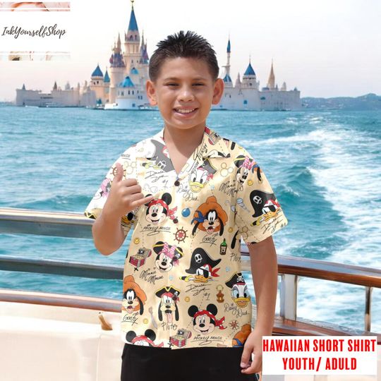 Disney Pirate Hawaiian Shirt Mickey Mouse Minnie Mouse Donald Duck Goofy Pluto Tropical Vacation Shirt Adult Youth