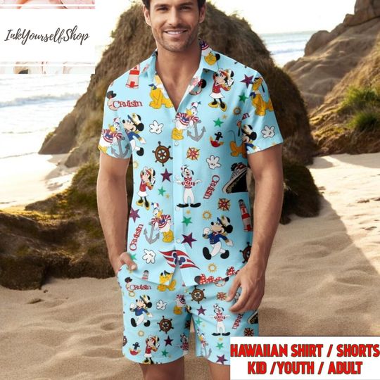 Disney Cruise Hawaiian Shirt Blue, Mickey Minnie Donald Goofy Pluto Aloha Shirt, Disney Cruise Family Vacation Outfit